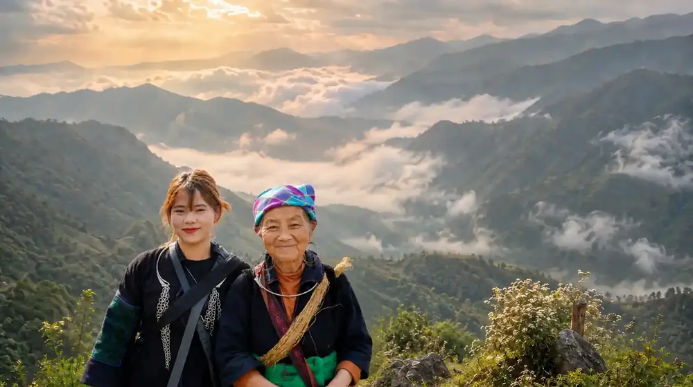 Local guides with H'mong elder overlooking Sapa mountains at sunrise